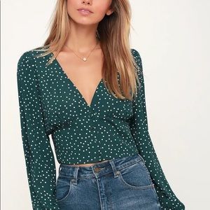 Love Always Forest Green Polka Dot Long Sleeve Crop Top